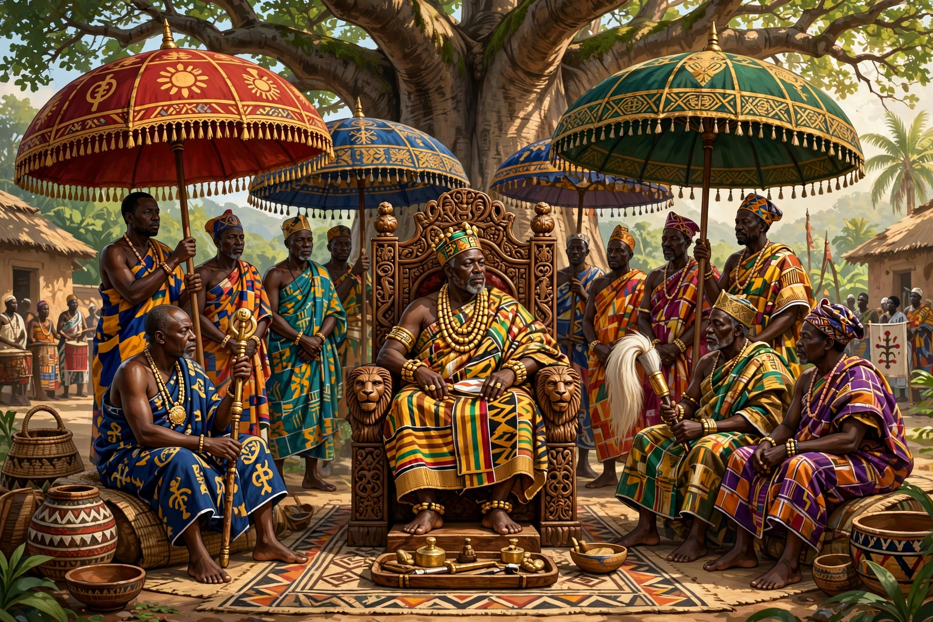Illustration artistique d'une cour royale akan avec le roi sur son trône entouré de notables