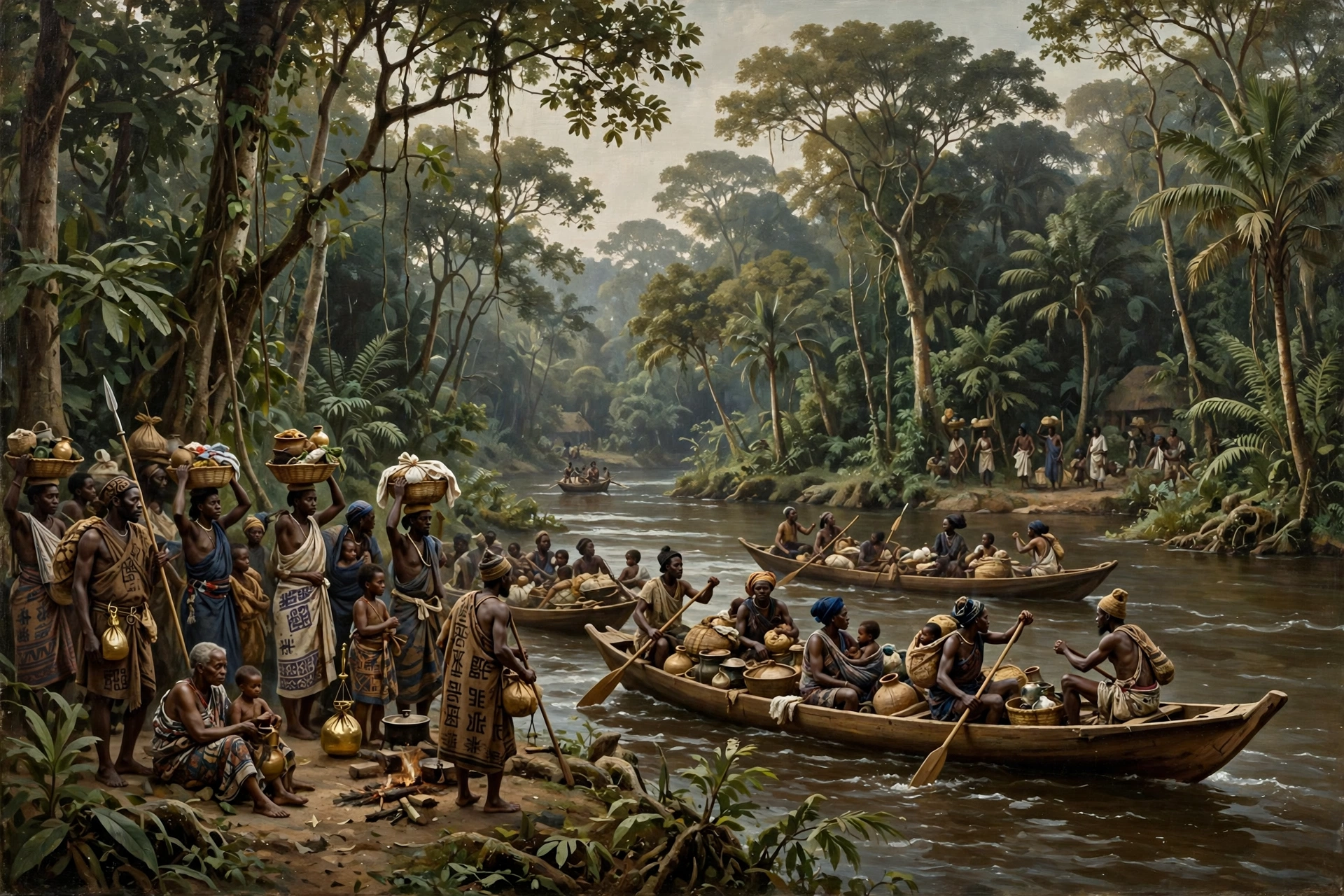 Illustration artistique de la migration des Abouré traversant une rivière en pirogue
